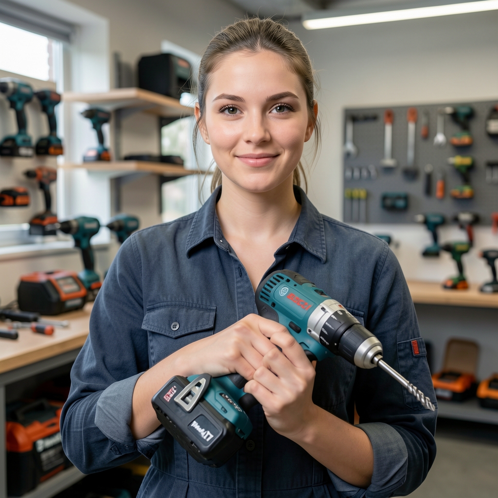 Echipa Copperhorizon testând scule electrice profesionale intr-un atelier modern cu echipamente Bosch, Makita si DeWalt expuse