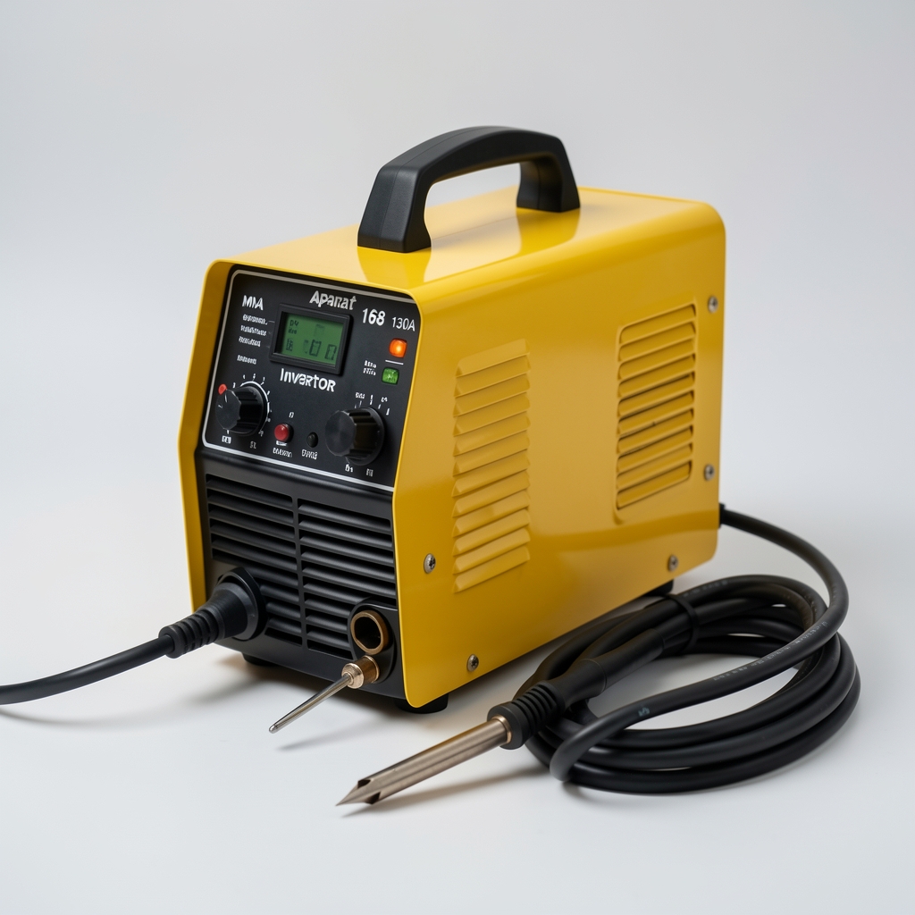 Aparat sudura cu invertor Telwin Technology 168 MMA 130A, corp galben compact cu maner, panou de control digital, cablu electrod si masa incluse