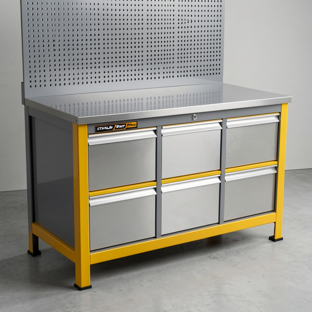Banc de lucru Stanley FatMax FMST1 otel 120x60cm cu blat imbunatatit, 4 sertare metalice, panoul perforat inclus, sarcina 500kg, corp gri-galben