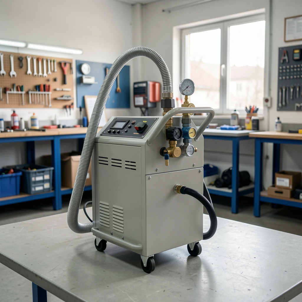 Compresor de aer portabil in atelier curat, cu furtun pneumatic atasat si manometru vizibil