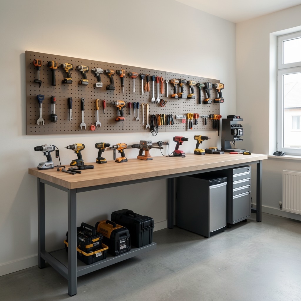 Atelier modern și bine echipat cu scule electrice profesionale organizate pe perete și bancul de lucru iluminat