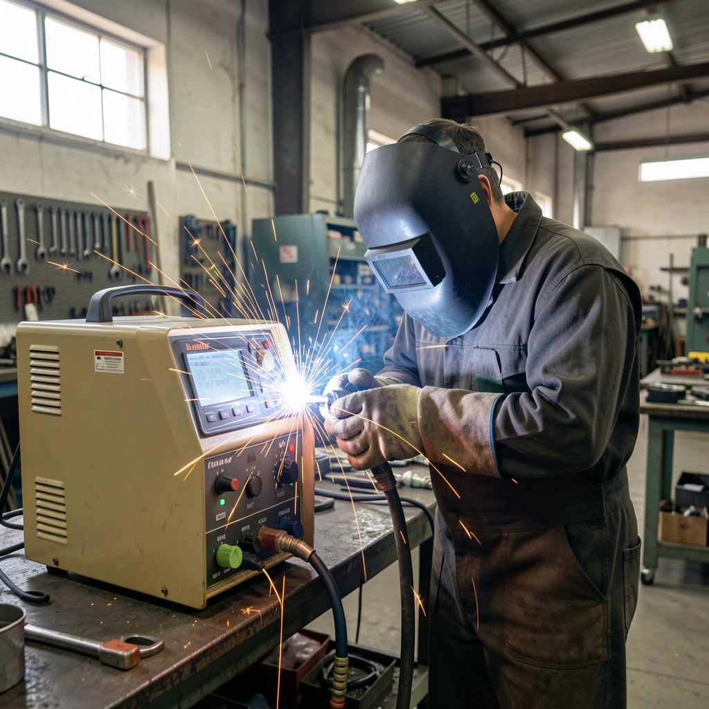 Aparat de sudura MIG in functiune, cu scantei vizibile si sudor cu masca de protectie in atelier industrial