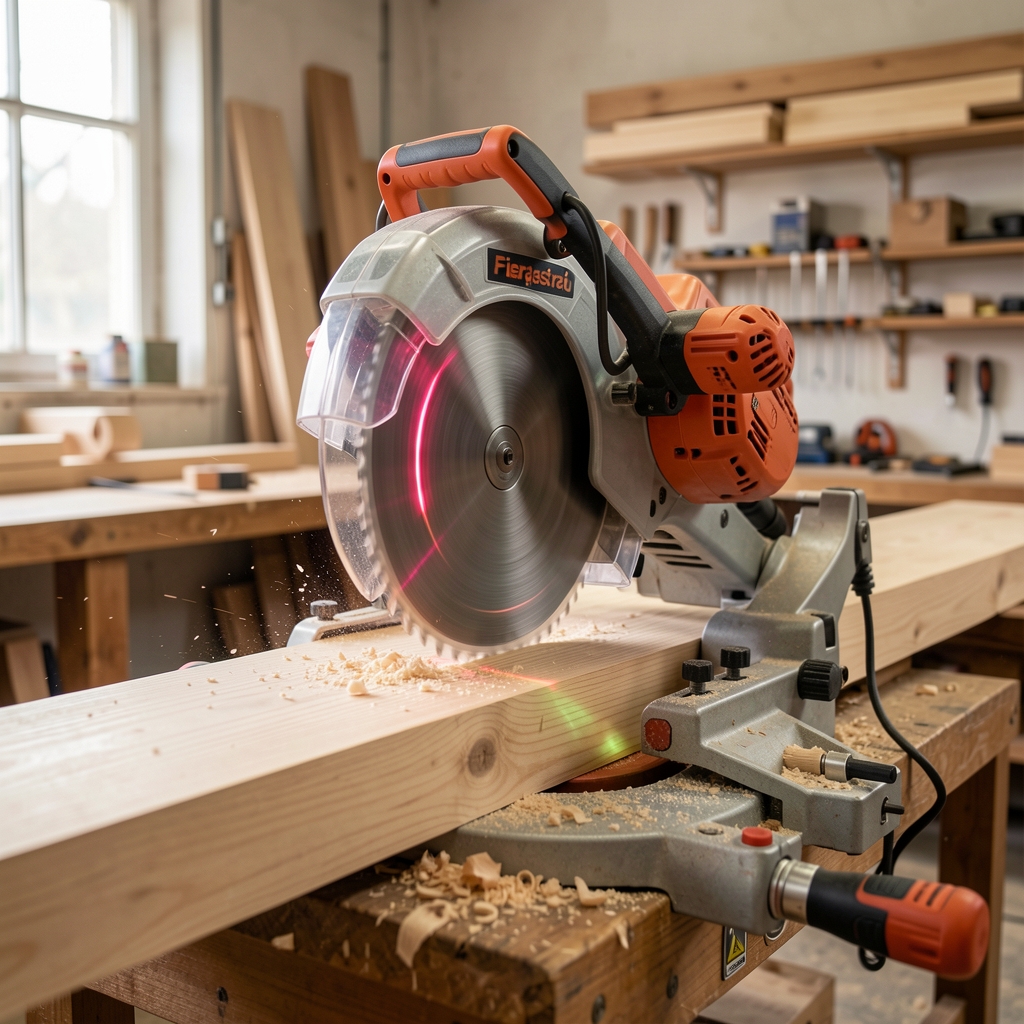 Fierăstrău circular profesional tăind lemn masiv, cu ghidaj laser și protecție disc, atelier de tâmplărie
