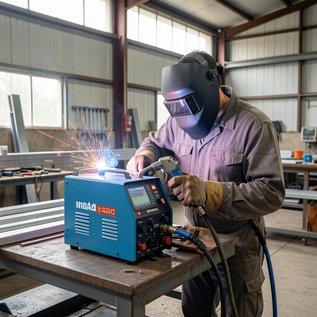 Aparat de sudură MIG-MAG profesional cu torță și mască de protecție automată, atelier de construcții metalice