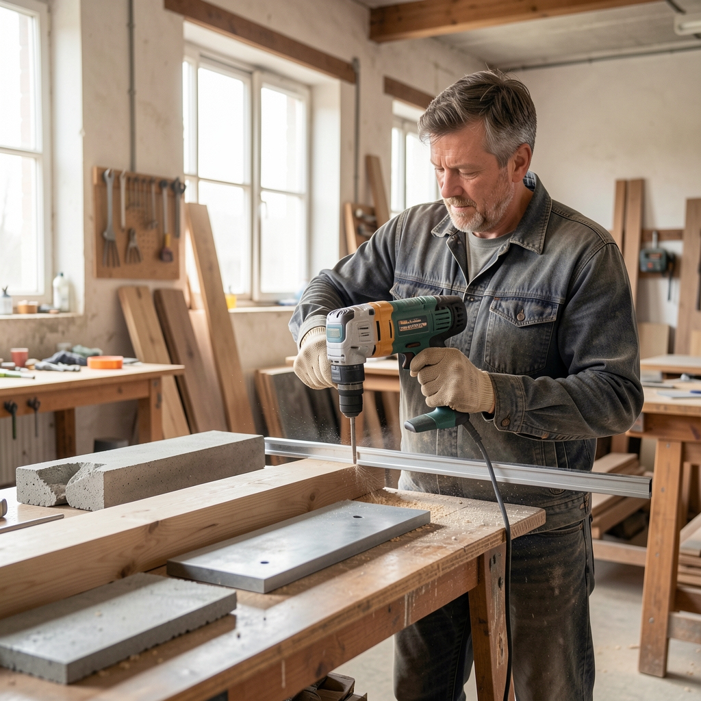 Expert demonstrând alegerea corectă a bormașinii cu percuție pentru diferite tipuri de materiale — beton, lemn și metal, în atelier luminos