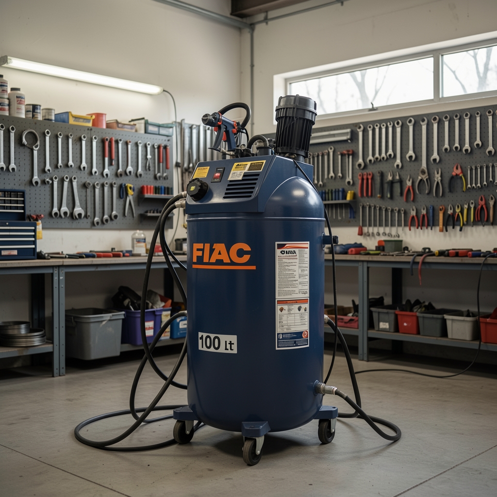 Atelier mecanic auto cu compresor de aer FIAC 100 litri in centru, pistol de vopsire pneumatic conectat, rafturi organizate cu scule pe perete