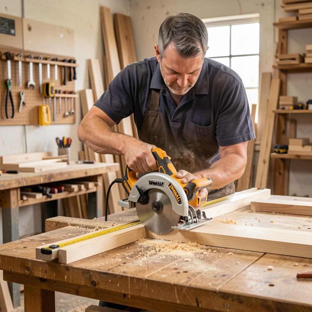 Tamplar profesionist configurand ghidajul unui fierastrau circular DeWalt pe o masa de taiat, cu rigla de masurare, intr-un atelier de tamplarie