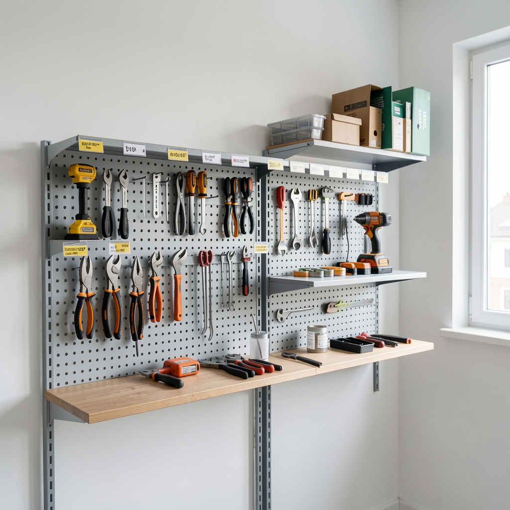 Atelier privat organizat exemplar cu panouri perforate Slatwall, rafturi metalice etichetate și scule agățate ordonat pe perete alb