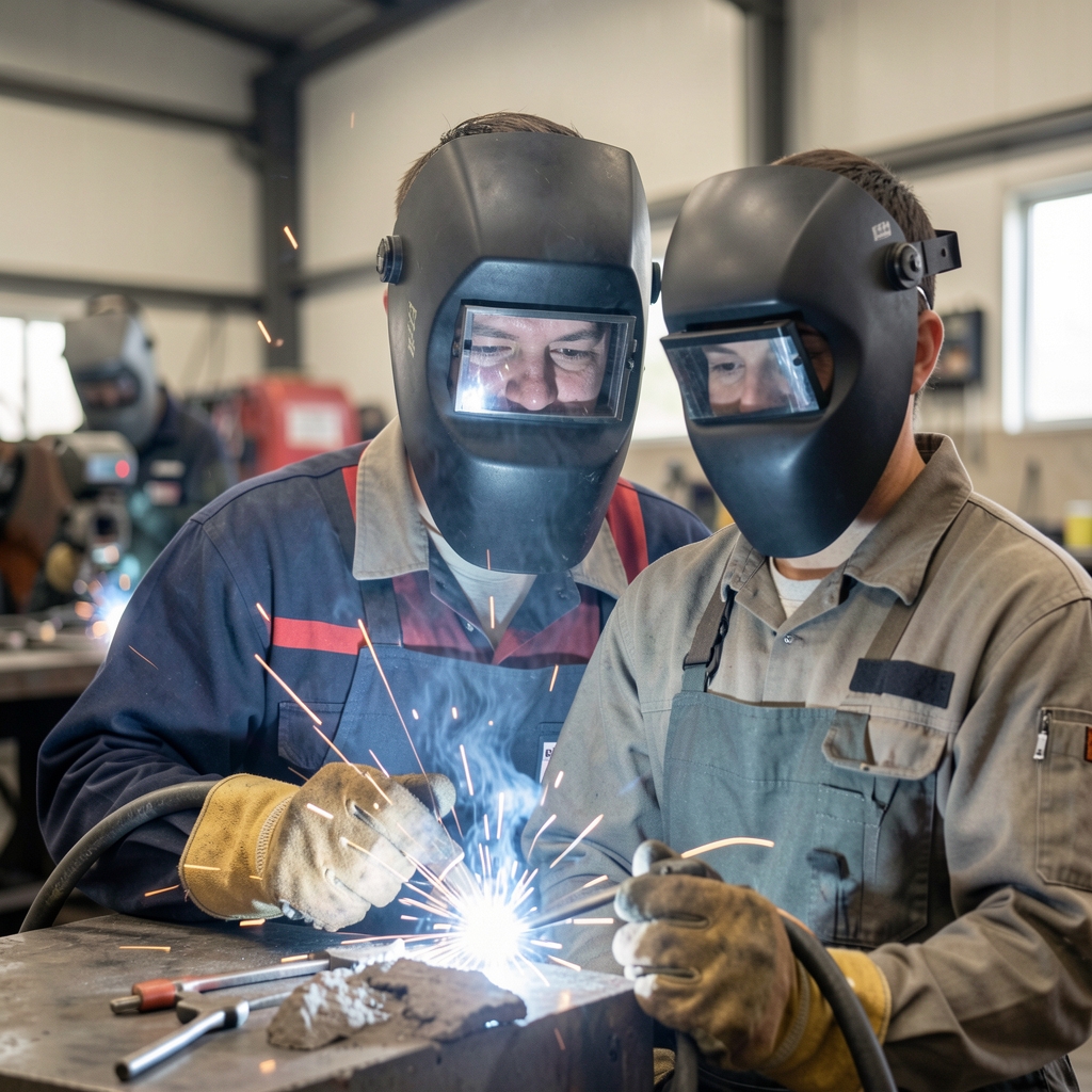 Cursant care învață sudura MIG-MAG sub supravegherea unui instructor, purtând echipament de protecție complet, în atelier de sudură bine echipat