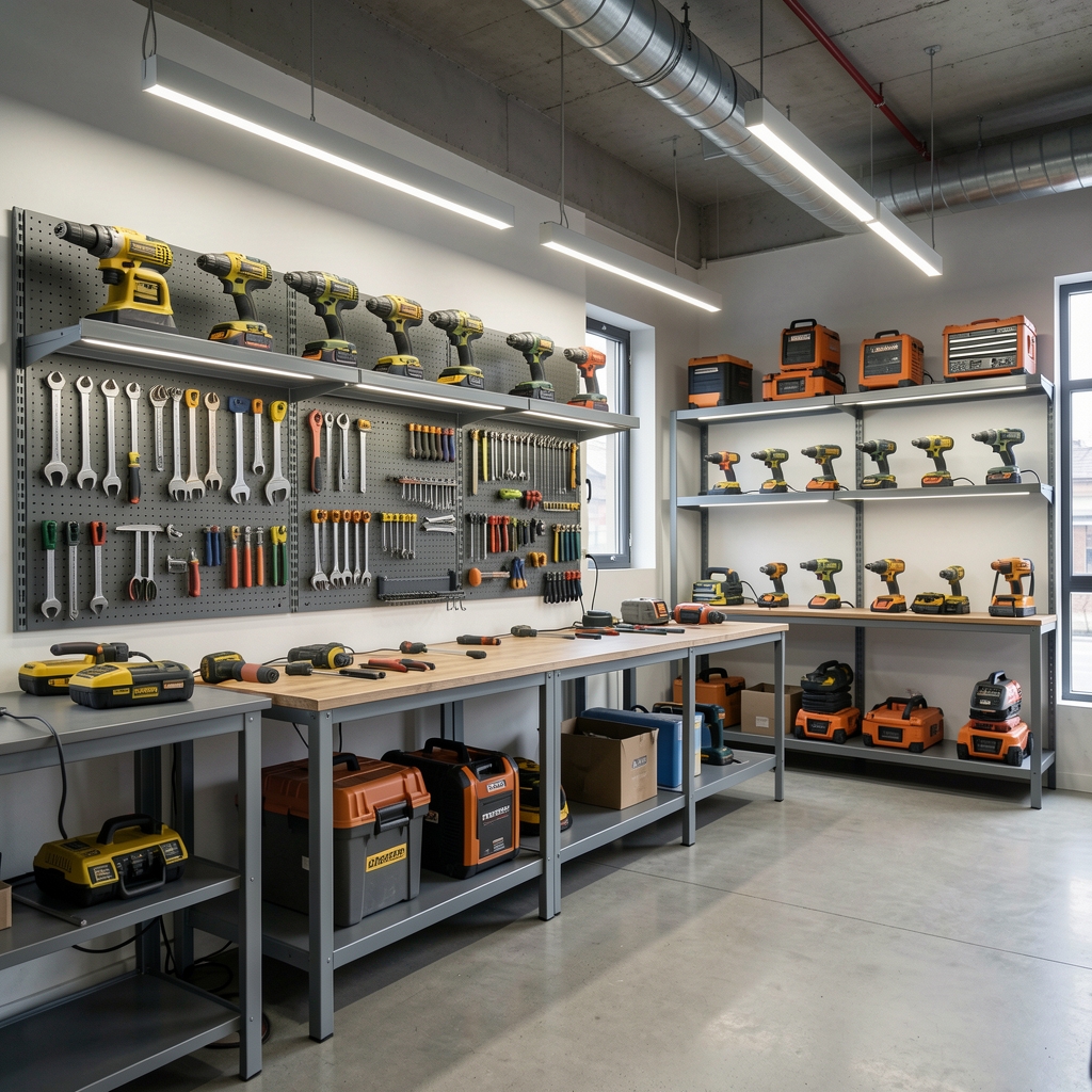 Atelier modern profesional cu perete de unelte organizate, bancuri de lucru din oțel și iluminare industrială, scule electrice expuse pe rafturi metalice