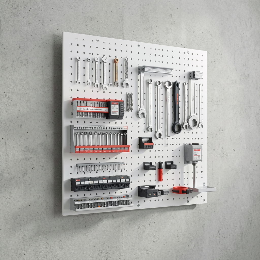 Panou perforat Bosch SystemBox 600x450mm otel vopsit alb cu set 20 carlige si suporturi de diferite dimensiuni, montat pe perete de atelier