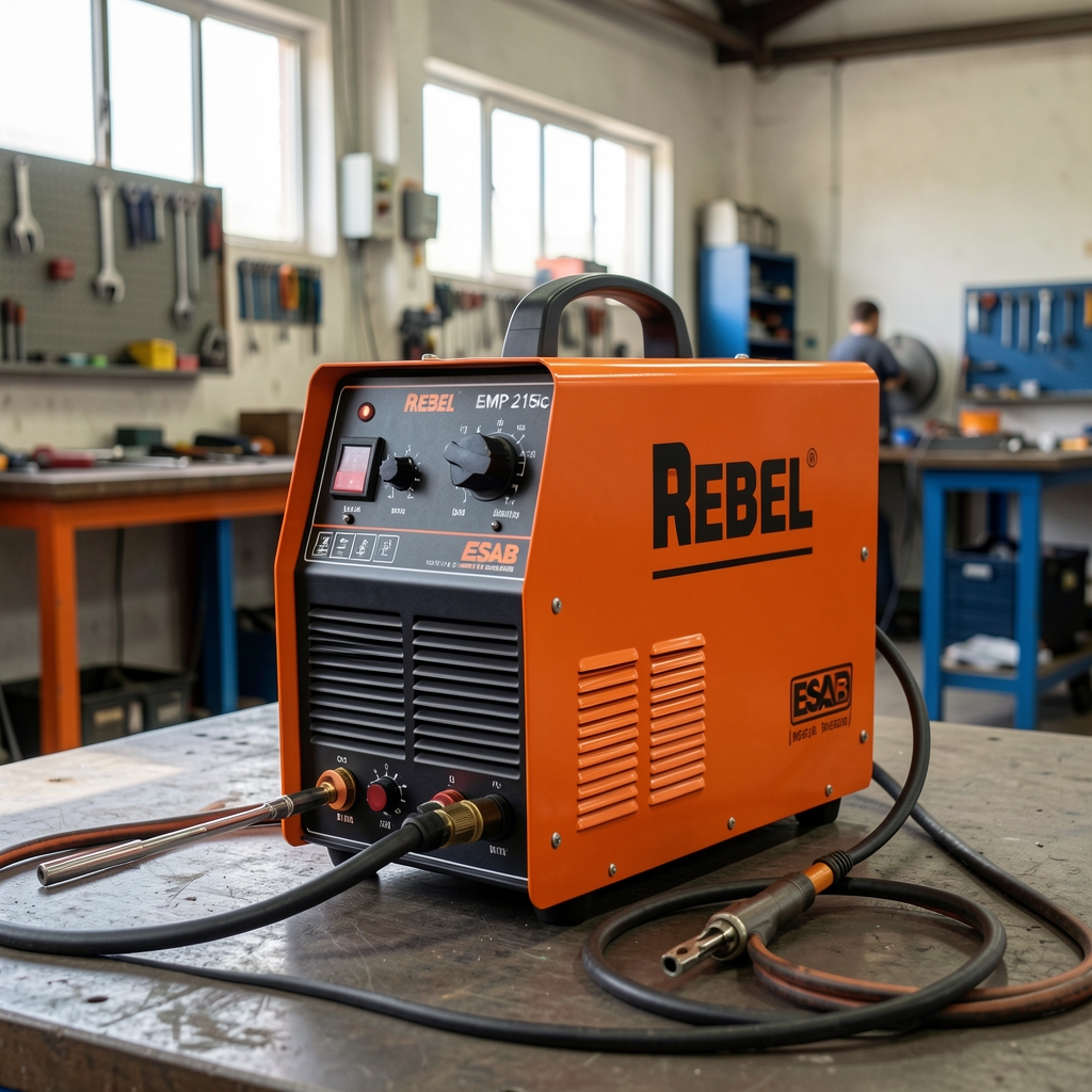 Invertor de sudură ESAB Rebel EMP 215ic cu torță MIG și cablu masă, carcasă portocalie profesională, atelier de fabricație