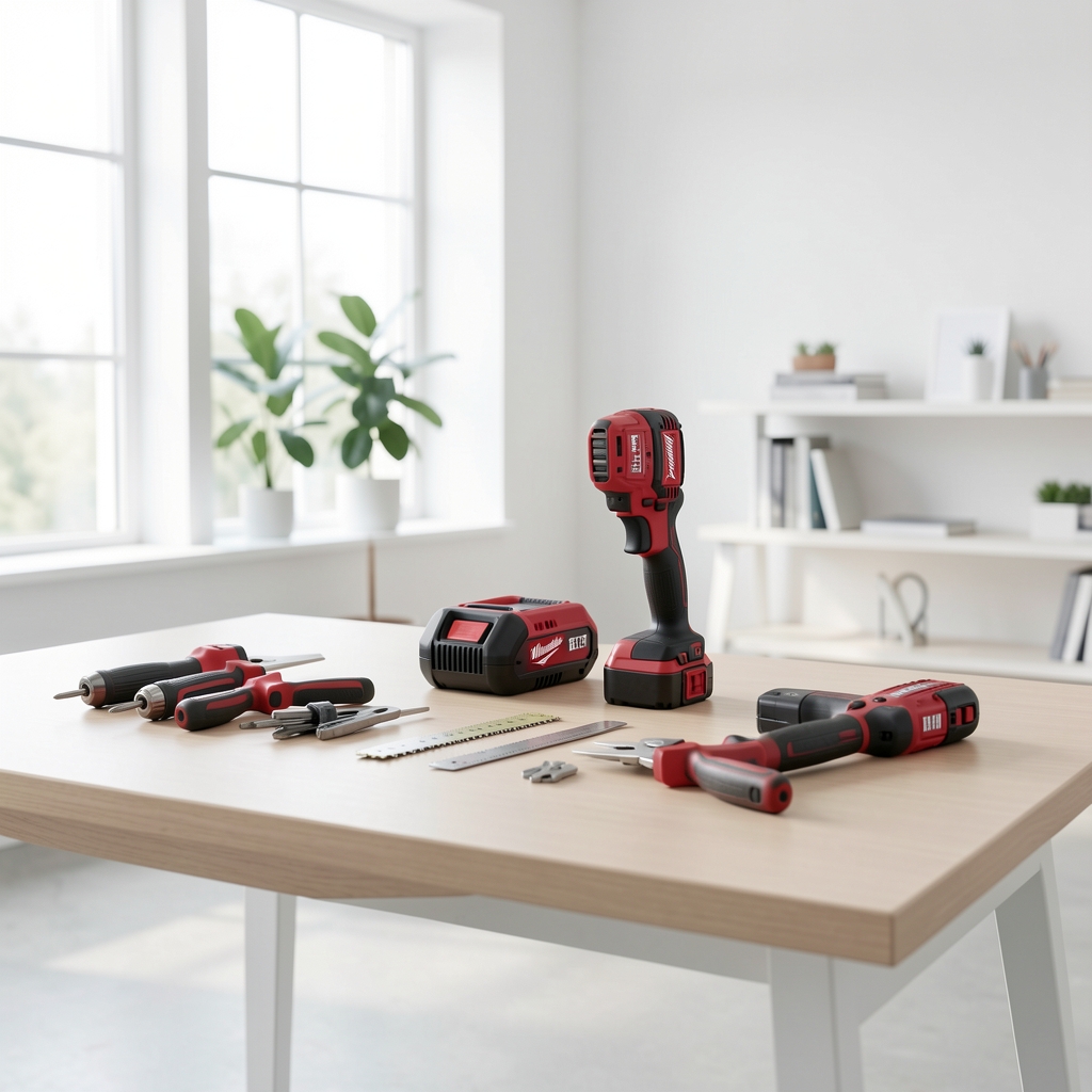Sculă multifuncțională Milwaukee M18 FMTIWF12 fără acumulator, corp compact roșu-negru cu accesorii de tăiere și nituire incluse