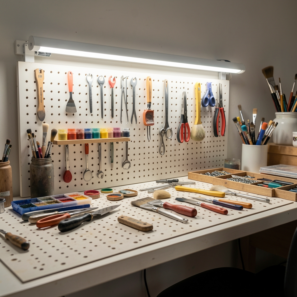 Atelier organizat cu scule pe panou perforat si iluminat LED